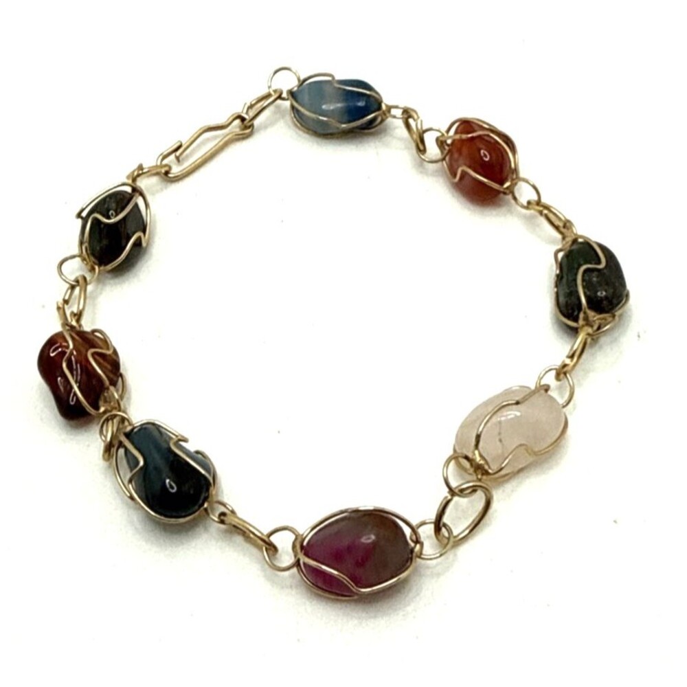 Vintage Wire Wrapped Natural Stone Bracelet Multicolor Cased Polished Boho 7.5"